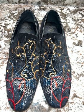 Black Embroidered Slip-On Loafers with Gold, Red & Blue Accents